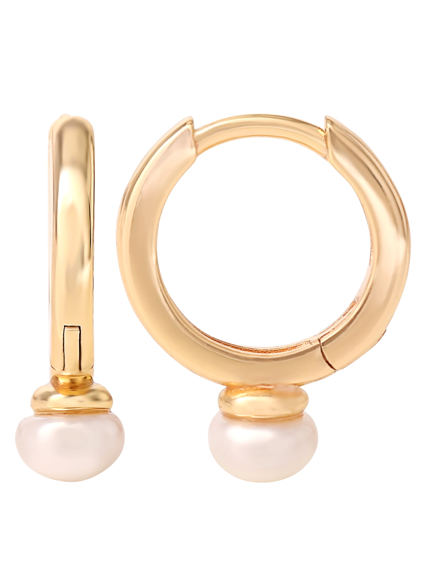 JS Jessica Simpson Women's Gold Plated Sterling Silver Pearl Huggie Hoop Earrings