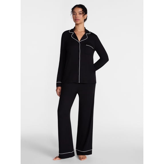 Joyspun Women’s Dreamy Soft Collection Notch Collar Top and Pants, 2-Piece Pajama Set, Sizes XS-3X