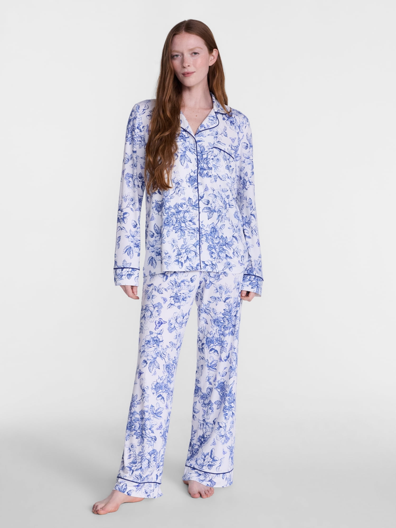 Joyspun Women’s Dreamy Soft Collection Notch Collar Top and Pants, 2-Piece Pajama Set, Sizes XS-3X