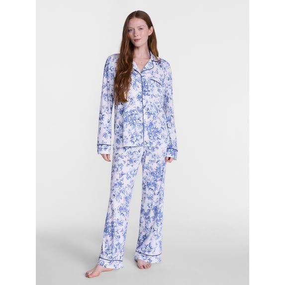 Joyspun Women’s Dreamy Soft Collection Notch Collar Top and Pants, 2-Piece Pajama Set, Sizes XS-3X