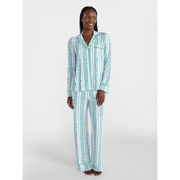 Joyspun Women’s Dreamy Soft Collection Notch Collar Long Sleeve Pajama Set, Sizes XS to 3X