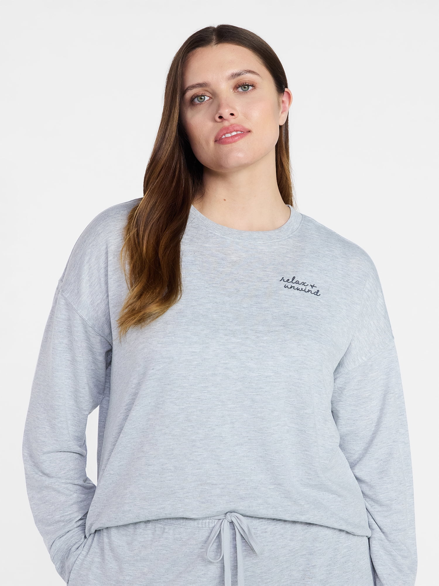 Joyspun Women's French Terry Knit Long Sleeve Lounge Sleep Top, Sizes XS-3X