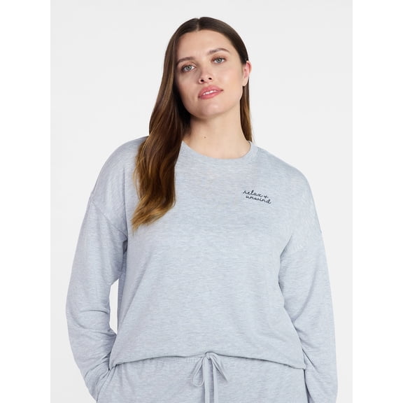 Joyspun Women's French Terry Knit Long Sleeve Lounge Sleep Top, Sizes XS-3X