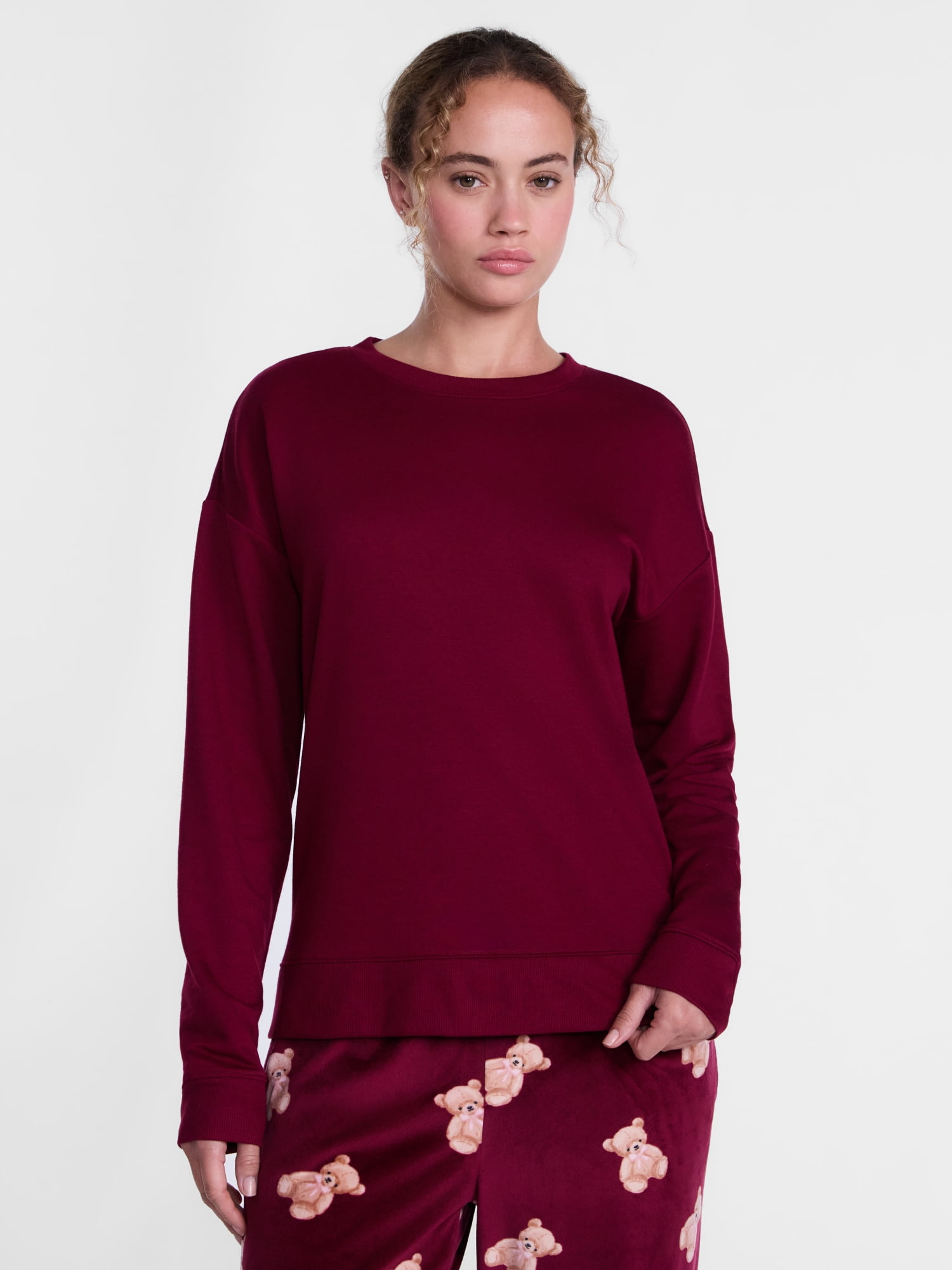 Joyspun Women's Fleece Lounge Sleep Top with Long Sleeves, Sizes XS-3X