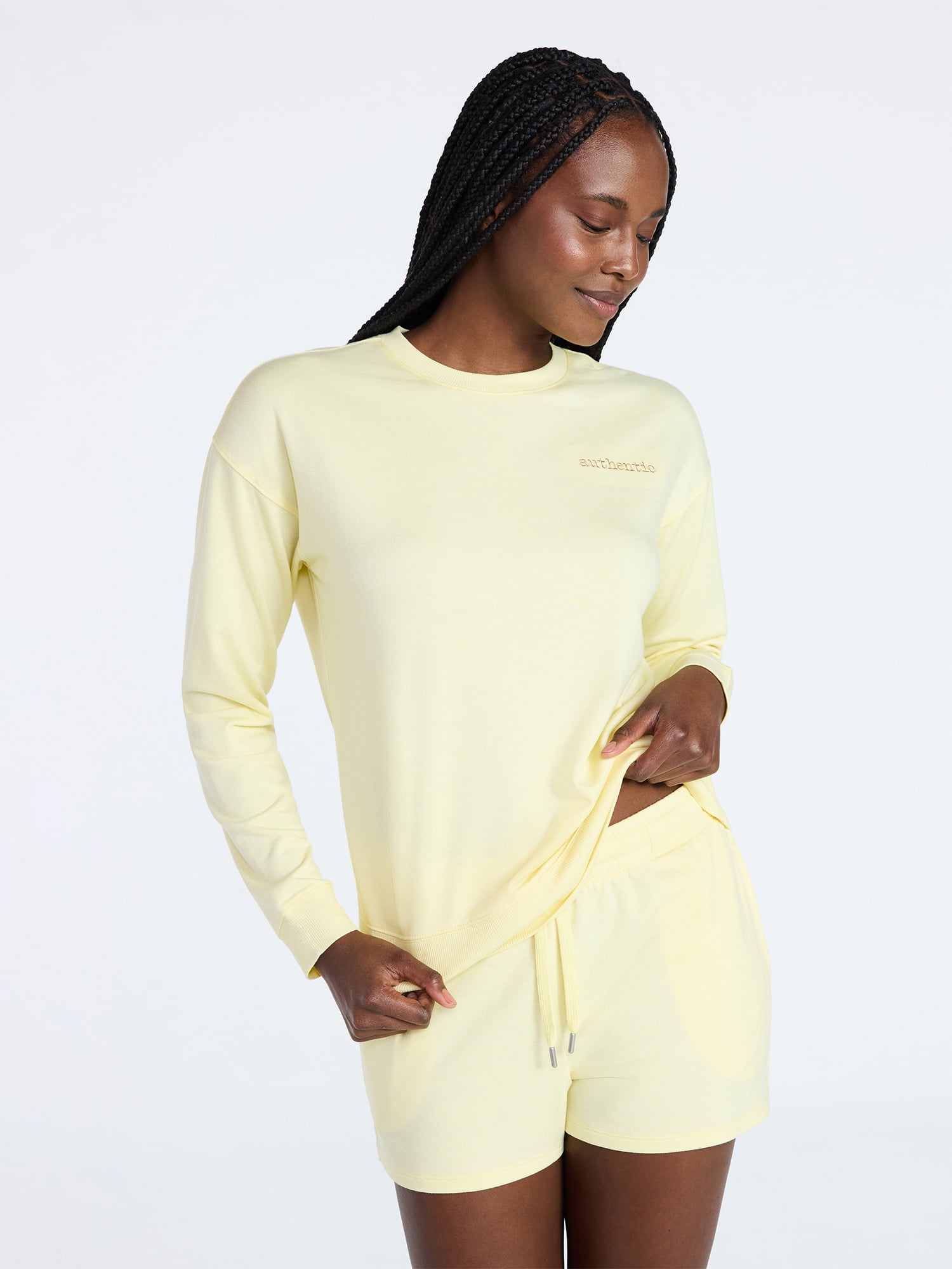 Joyspun Women's French Terry Knit Long Sleeve Lounge Sleep Top, Sizes XS-3X