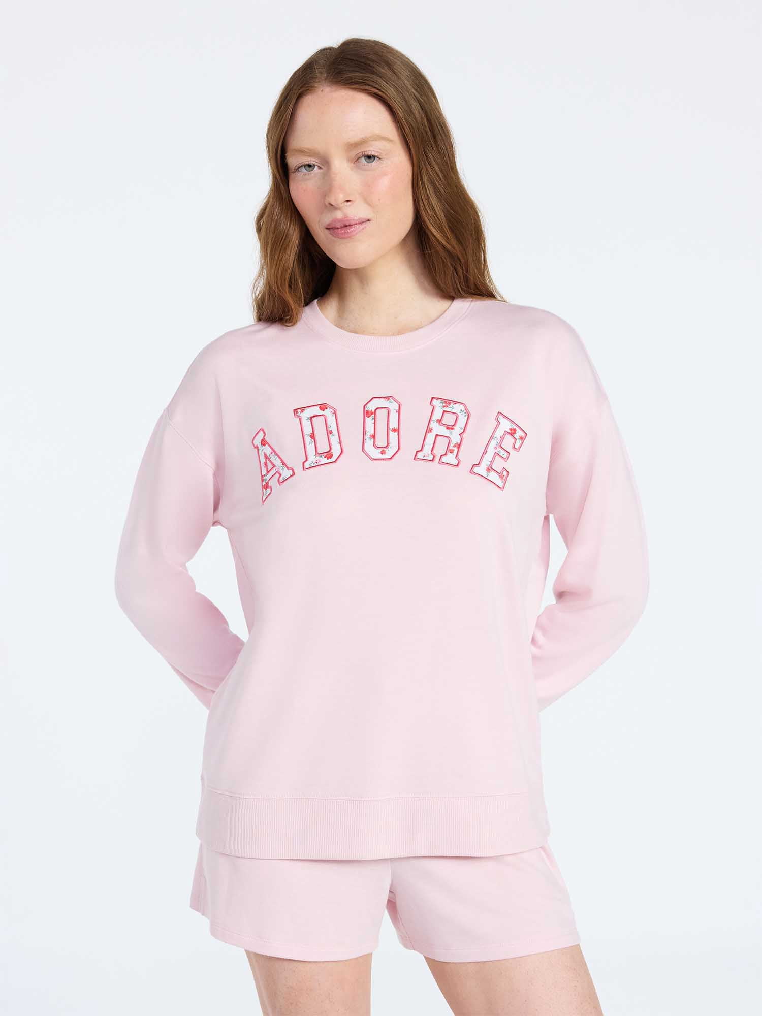 Joyspun Women's French Terry Knit Long Sleeve Lounge Sleep Top, Sizes XS-3X