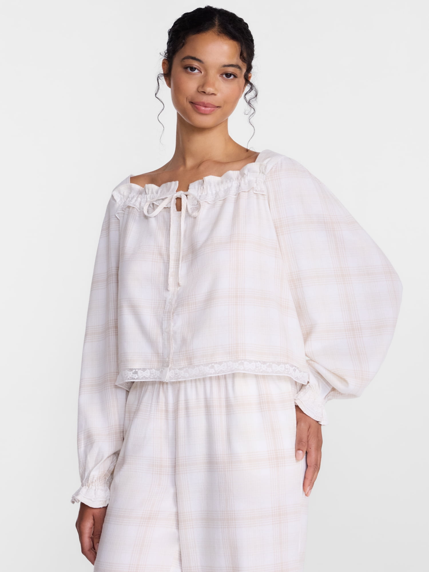 Joyspun Women's Flannel Peasant Sleep Top with Long Sleeves, Sizes XS-2X