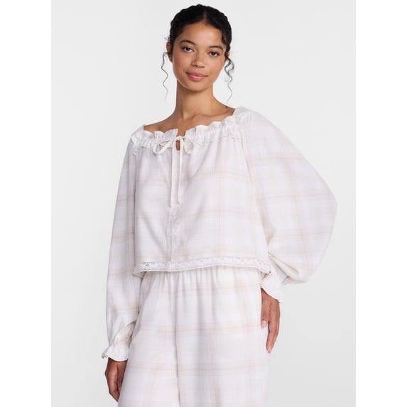 Joyspun Women's Flannel Peasant Sleep Top with Long Sleeves, Sizes XS-2X