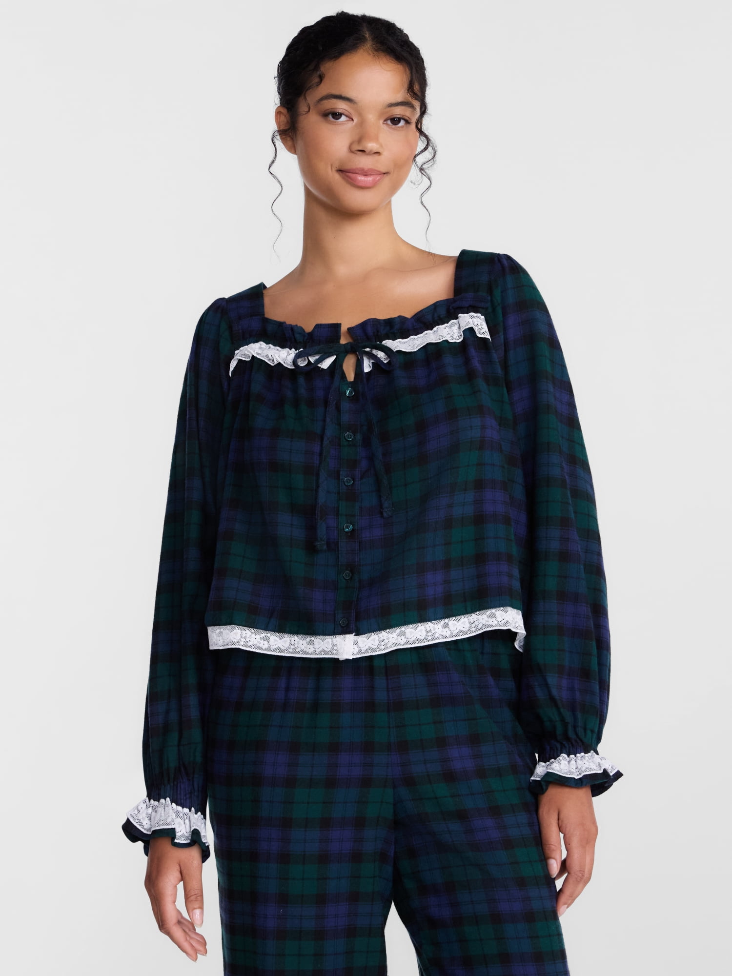 Joyspun Women's Flannel Peasant Long Sleeve Sleep Top, Sizes XS to 2X