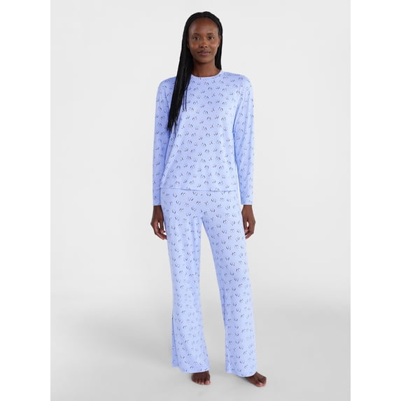 Joyspun Women's Essential Long Sleeve Sleep Top and Open Leg Pant Pajama Set, 2-Piece, Sizes XS to 3X