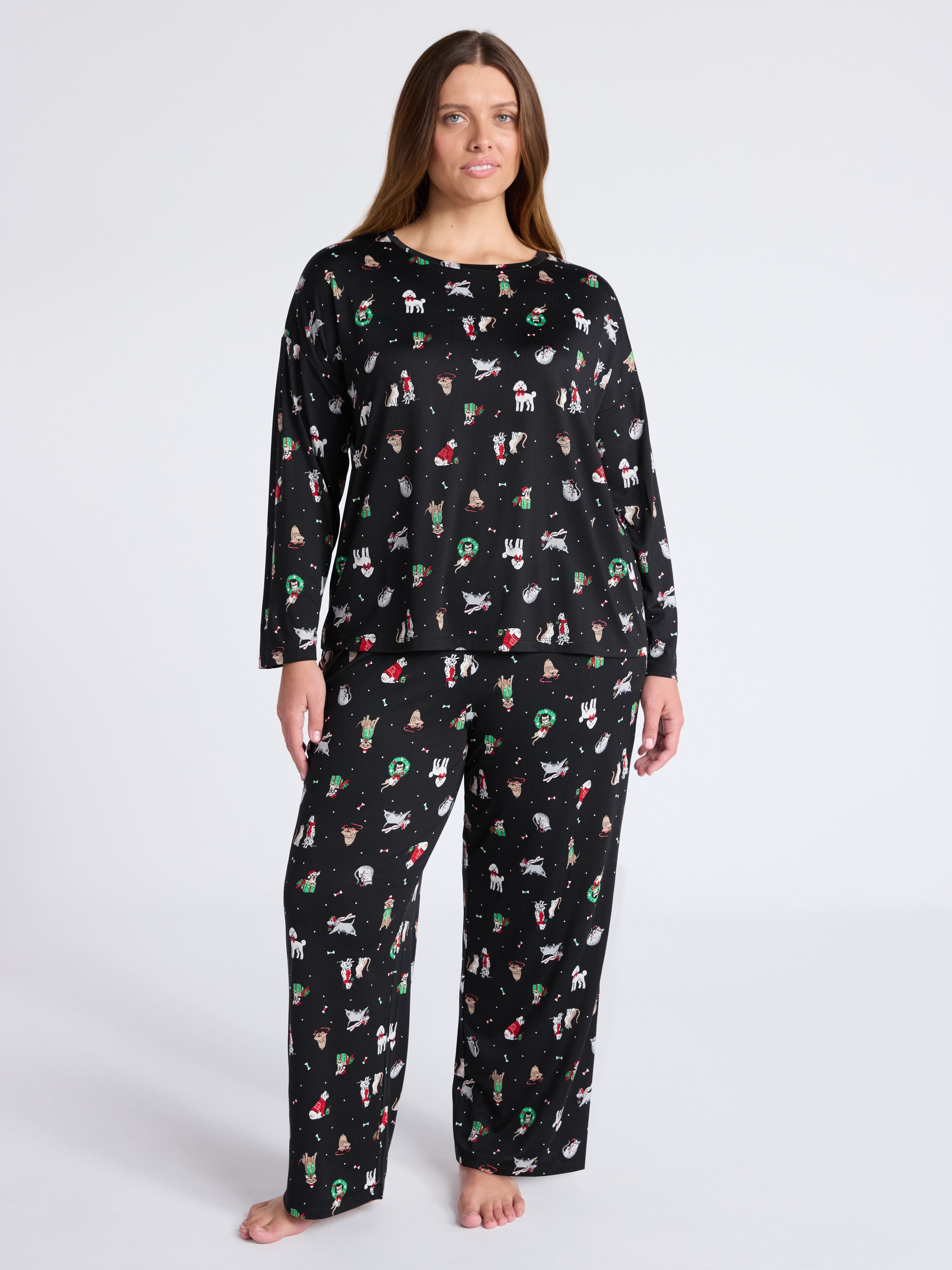 Joyspun Women's Dreamy Soft Collection Long Sleeve Sleep Top and Open Leg Pant Pajama Set, 2-Piece, Sizes XS to 3X
