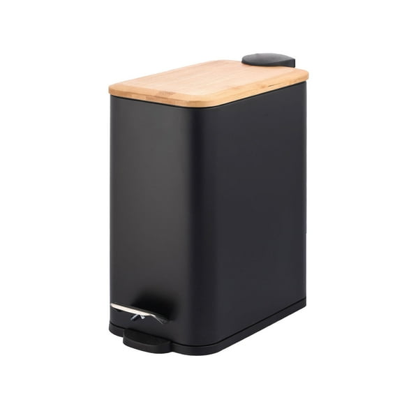 JS Maison 1.3 Gallon, 5L Rectangular Black Steel Garbage Trash Can with Bamboo Lid and Foot Pedal