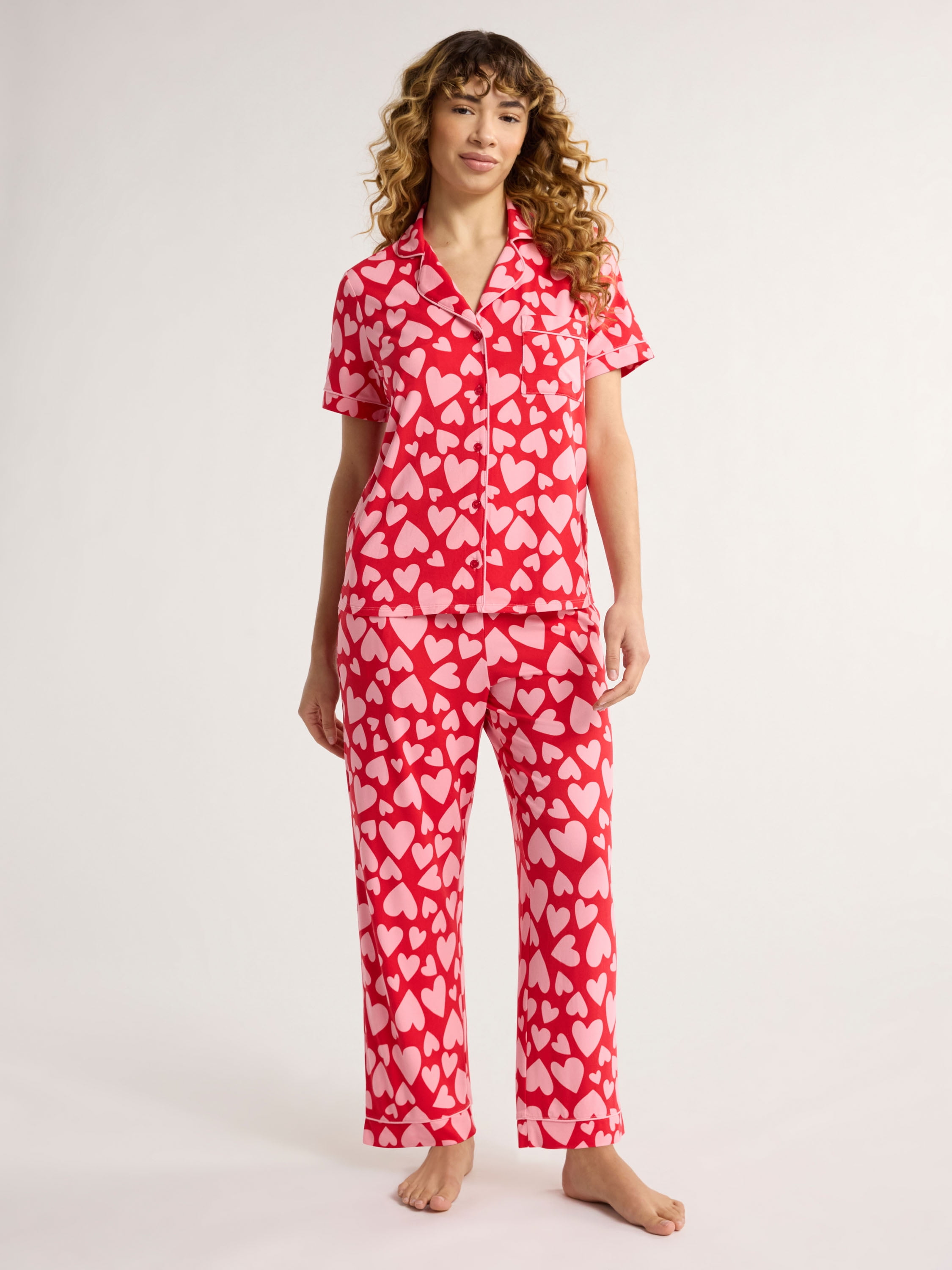 Joyspun Women's Short Sleeve Notch Collar Knit Top & Capri Pajama Set, 2-Piece, Sizes XS-3X