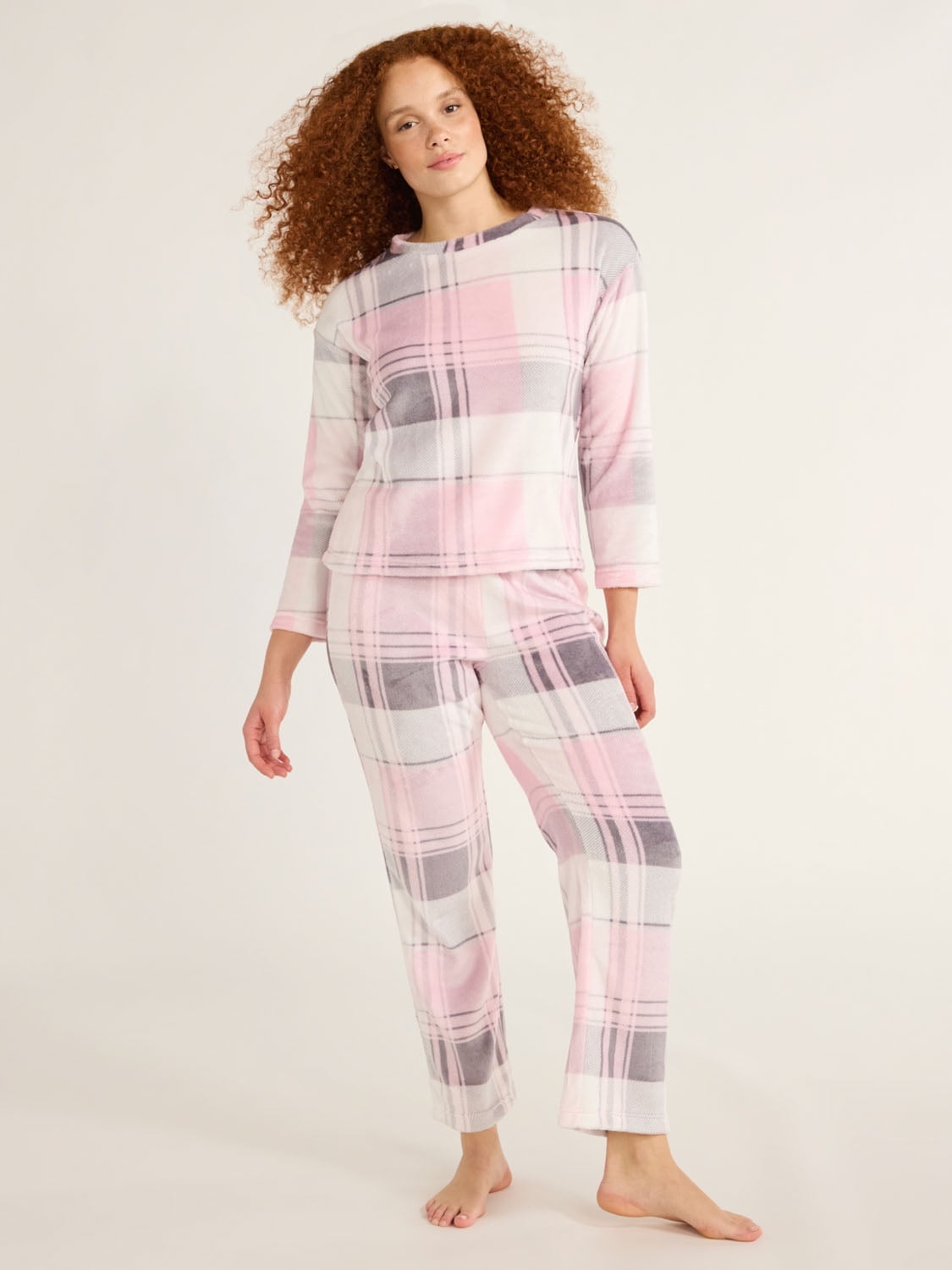 Joyspun Women's and Women’s Plus Super Minky Fleece Long Sleeve Top with Pajama Pants, Giftable 2-Piece Set, Sizes S to 3XL