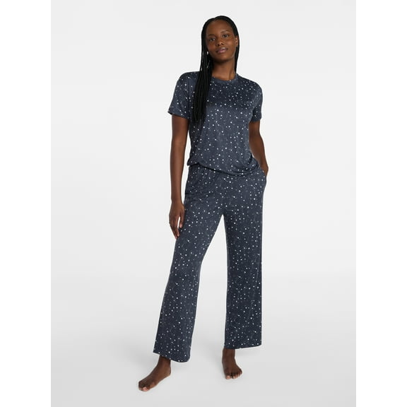 Joyspun Women's Dreamy Soft Collection Short Sleeve Sleep Top and Open Leg Pants Pajama Set, 2-Piece, Sizes XS-3X
