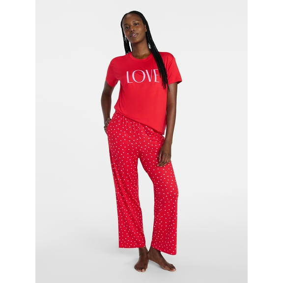 Joyspun Women's Dreamy Soft Collection Short Sleeve Sleep Top and Open Leg Pants Valentine's Day Pajama Set, 2-Piece, Sizes XS-3X