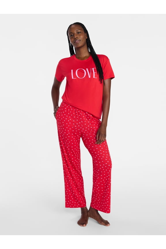 Women's Dreamy Soft Collection Short Sleeve Sleep Top and Open Leg Pants Valentine's Day Pajama Set, 2-Piece, Sizes XS-3X
