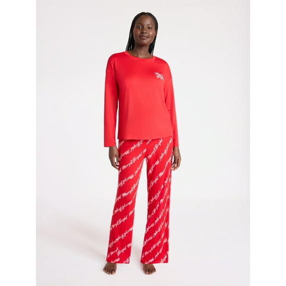 Joyspun Women's Dreamy Soft Collection Long Sleeve Sleep Top and Straight Leg Pants Pajama Set, 2-Piece, Sizes XS-3X