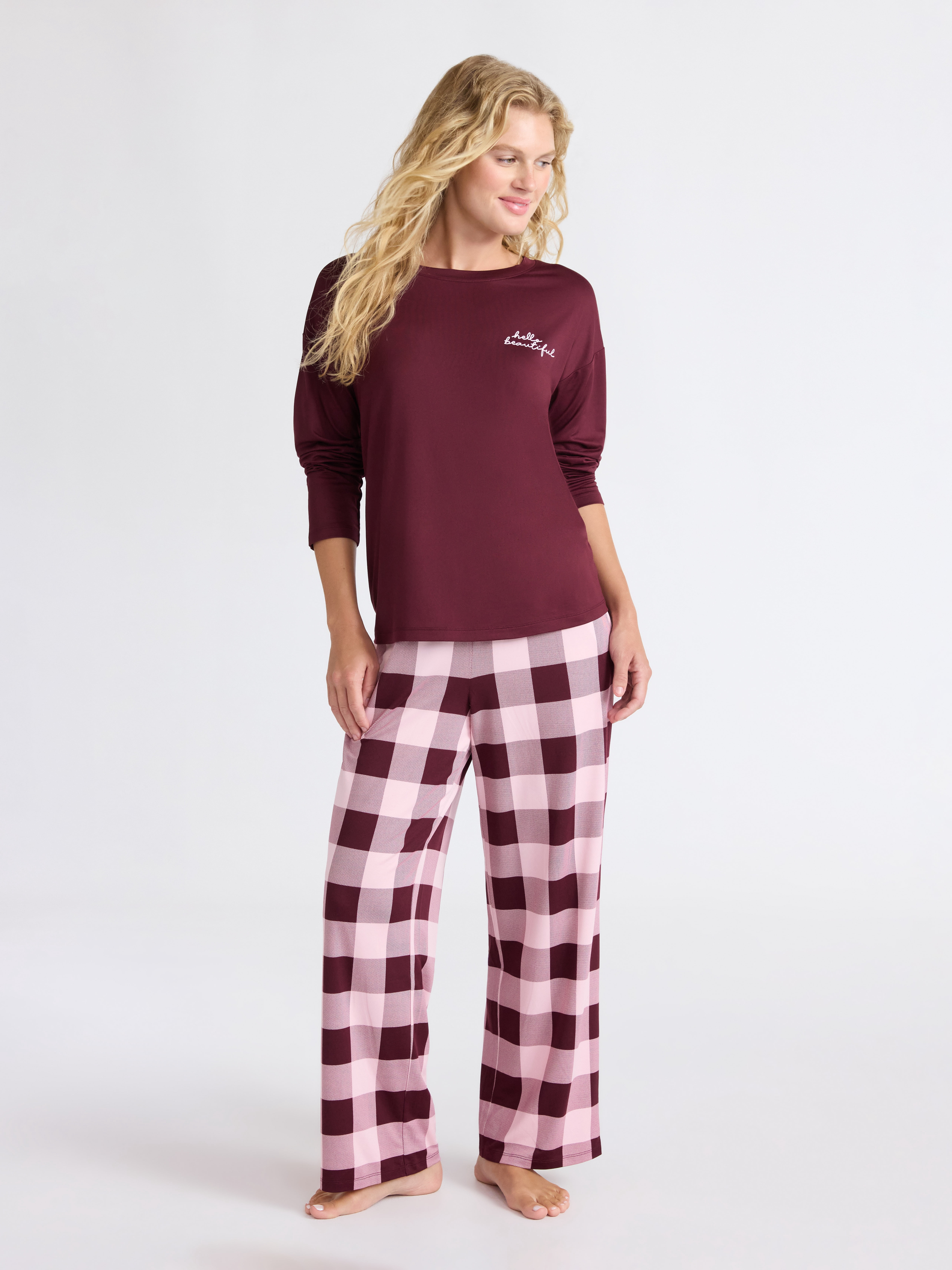 Joyspun Women's Dreamy Soft Collection Long Sleeve Sleep Top and Straight Leg Pants Pajama Set, 2-Piece, Sizes XS-3X