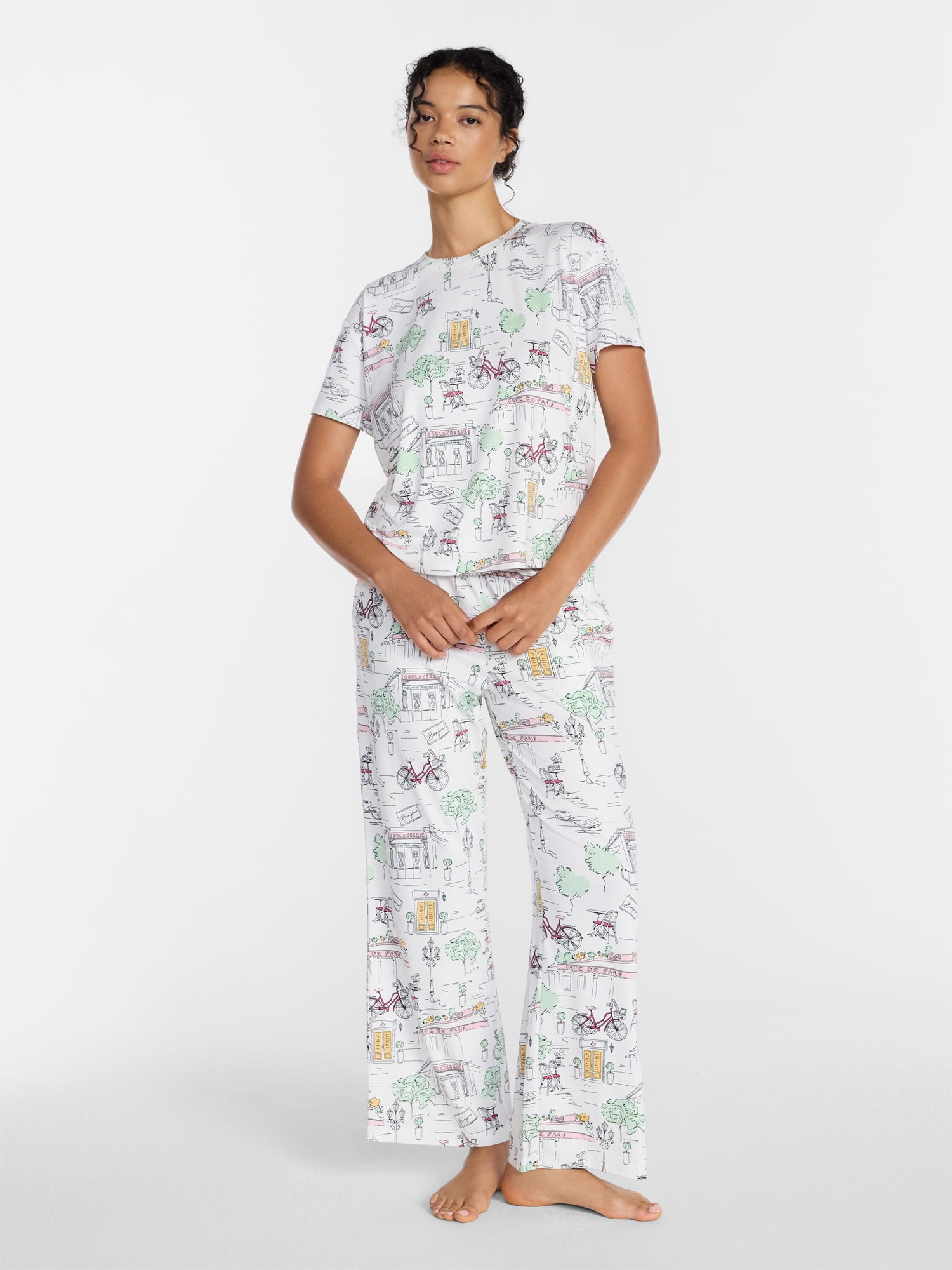 Joyspun Women's Dreamy Soft Collection Short Sleeve Sleep Top and Open Leg Pants Pajama Set, 2-Piece, Sizes XS-3X