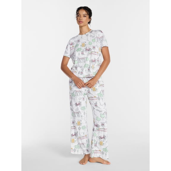 Joyspun Women's Dreamy Soft Collection Short Sleeve Sleep Top and Open Leg Pants Pajama Set, 2-Piece, Sizes XS-3X