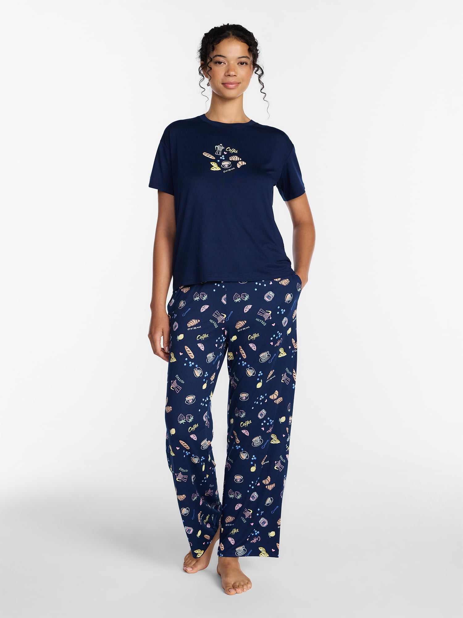 Joyspun Women's Dreamy Soft Collection Short Sleeve Sleep Top and Open Leg Pants Pajama Set, 2-Piece, Sizes XS-3X