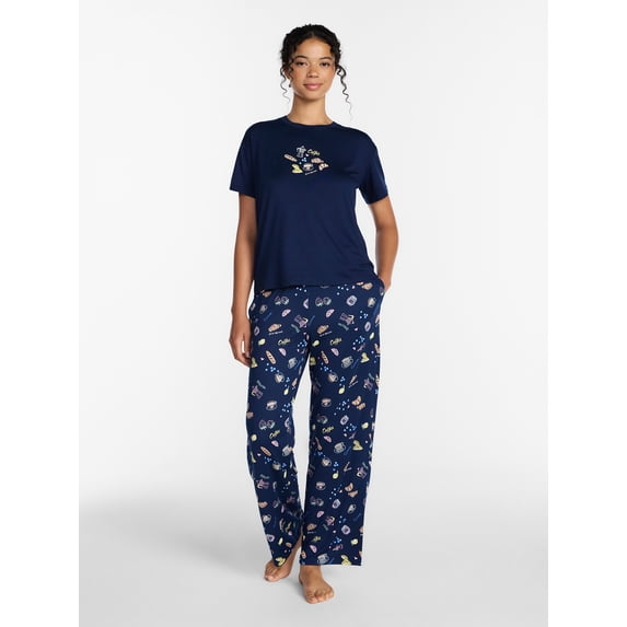 Joyspun Women's Dreamy Soft Collection Short Sleeve Sleep Top and Open Leg Pants Pajama Set, 2-Piece, Sizes XS-3X