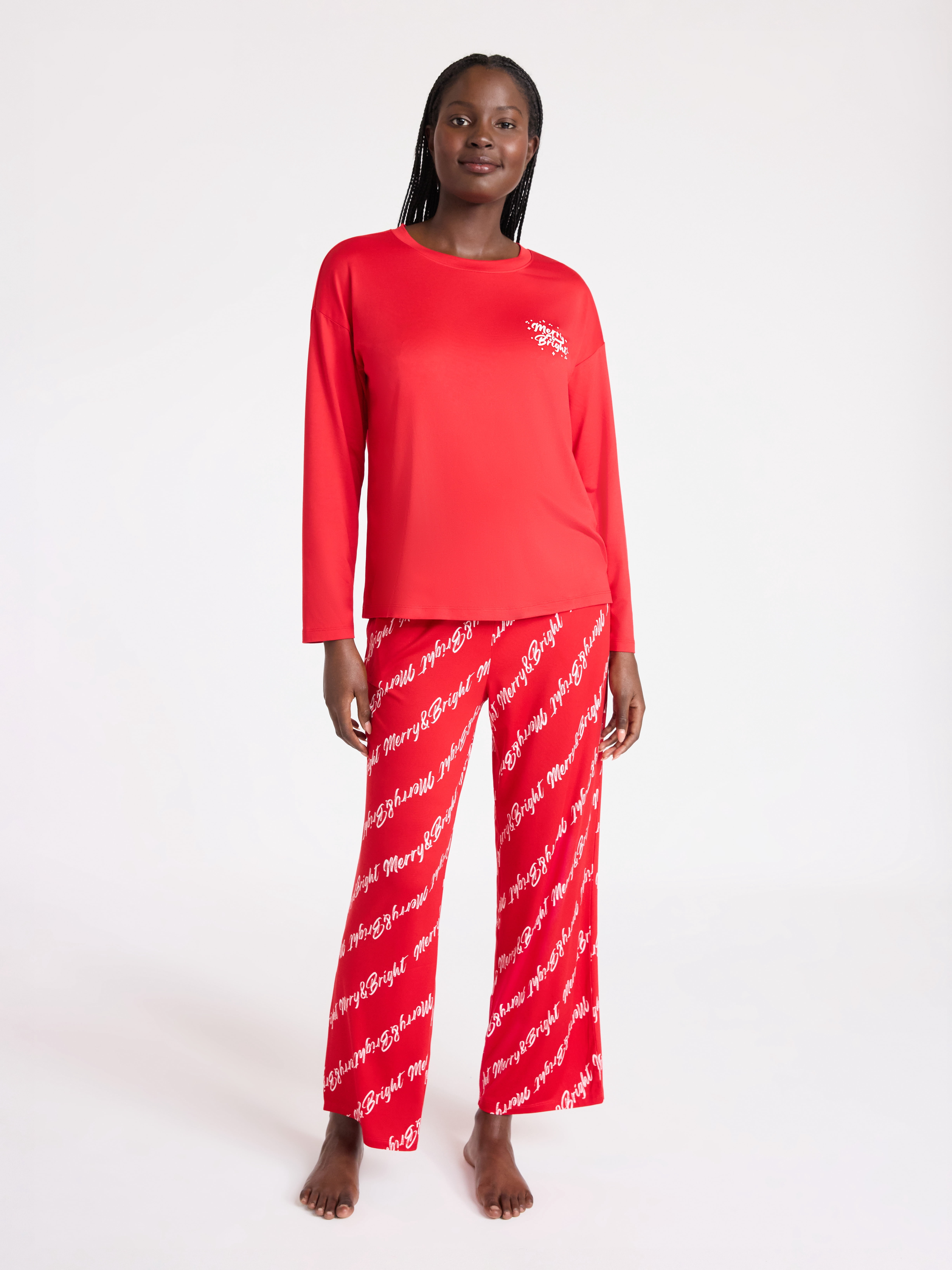 Joyspun Women's Dreamy Soft Collection Long Sleeve Sleep Top and Straight Leg Pants Pajama Set, 2-Piece, Sizes XS-3X