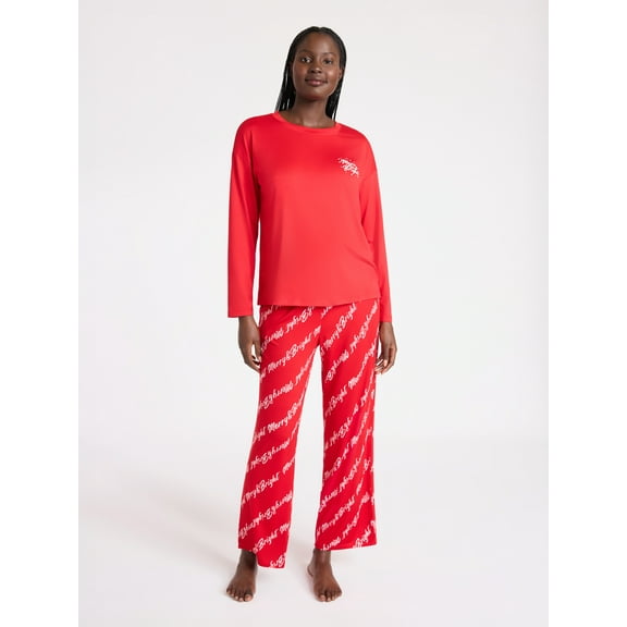 Joyspun Women's Dreamy Soft Collection Long Sleeve Sleep Top and Straight Leg Pants Pajama Set, 2-Piece, Sizes XS-3X