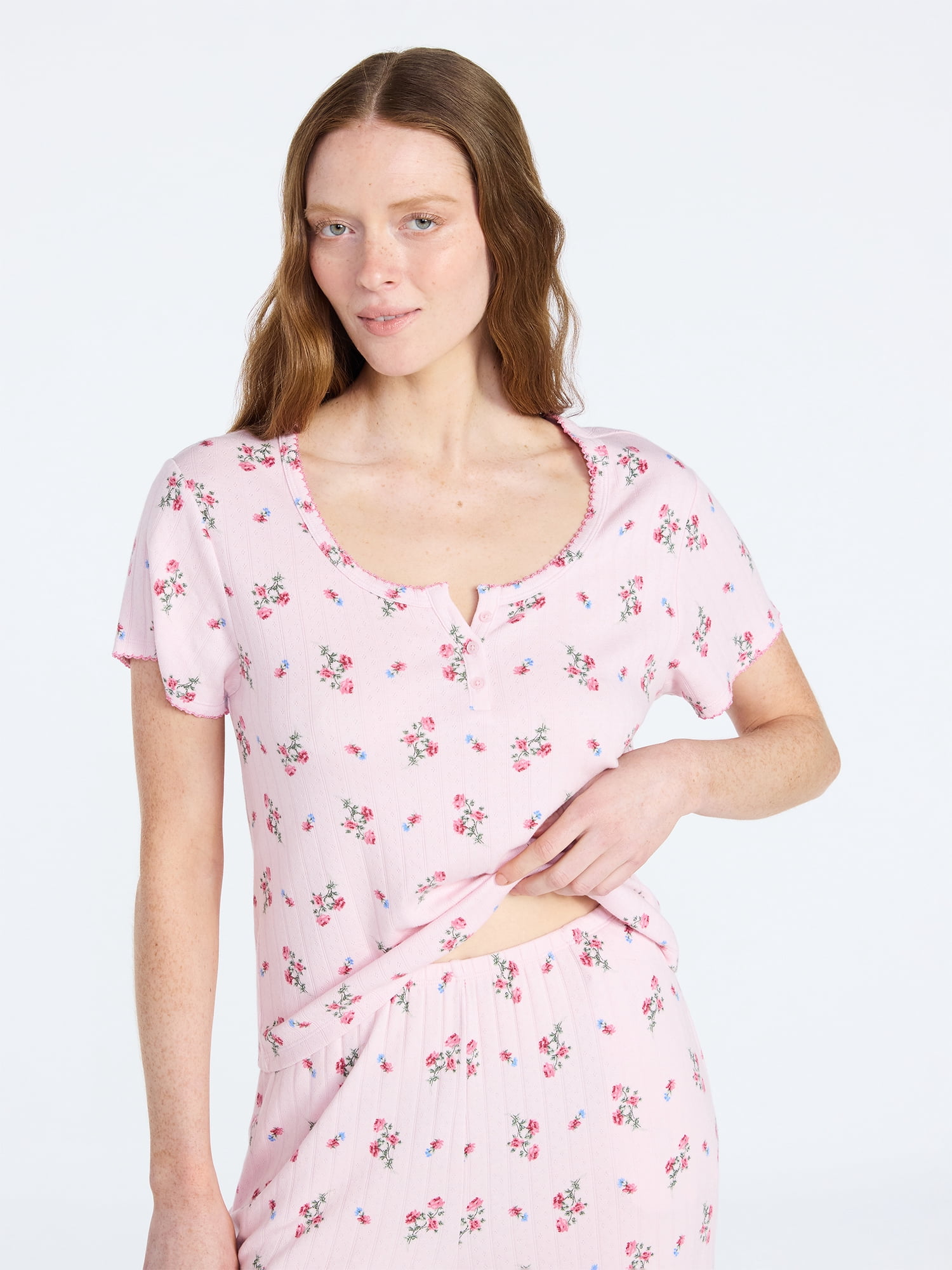 Joyspun Women’s Pointelle Knit Sleepwear Henley Tee with Short Sleeves, Sizes XS-3X