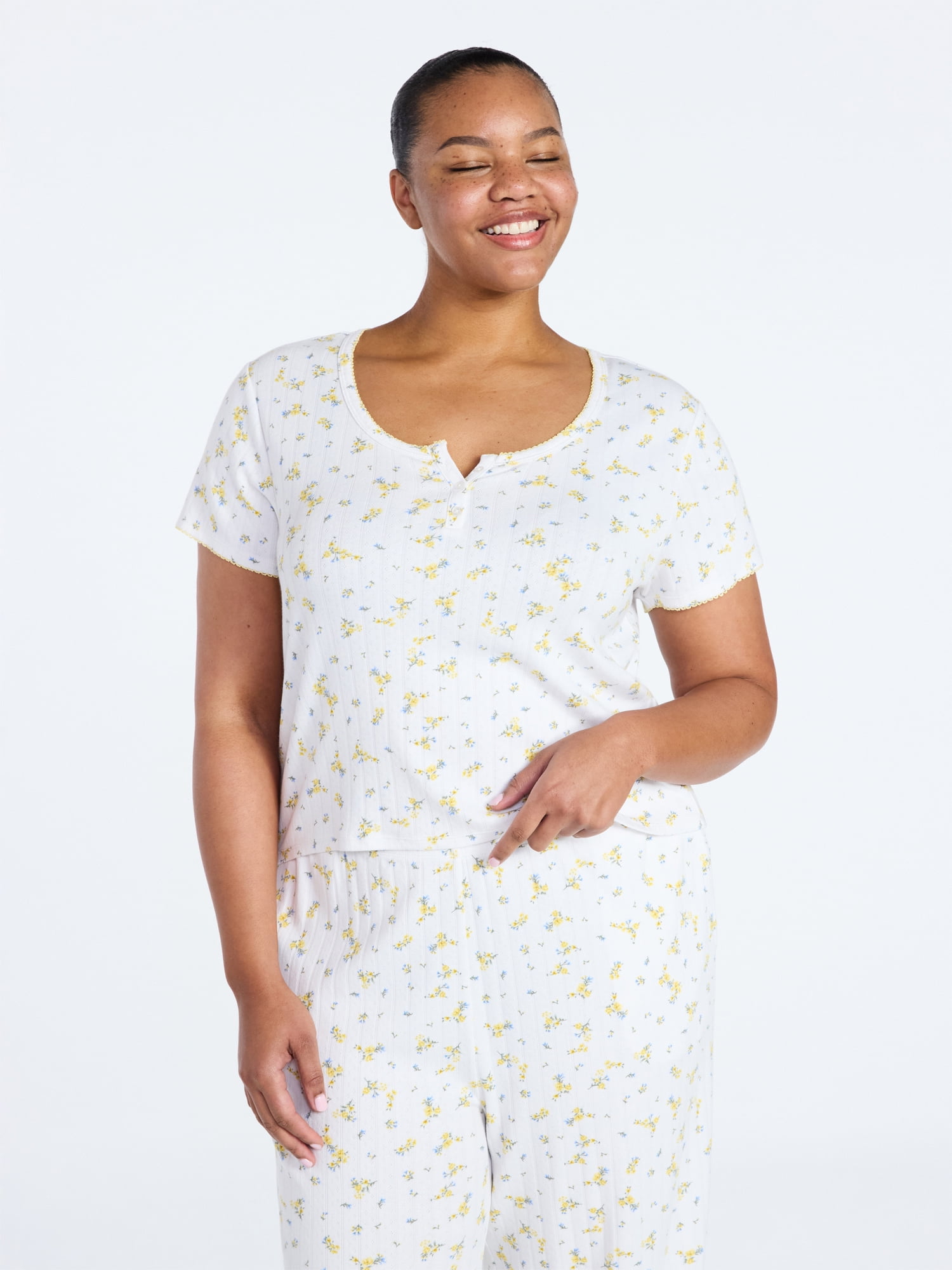 Joyspun Women’s Pointelle Knit Sleepwear Henley Tee with Short Sleeves, Sizes XS-3X