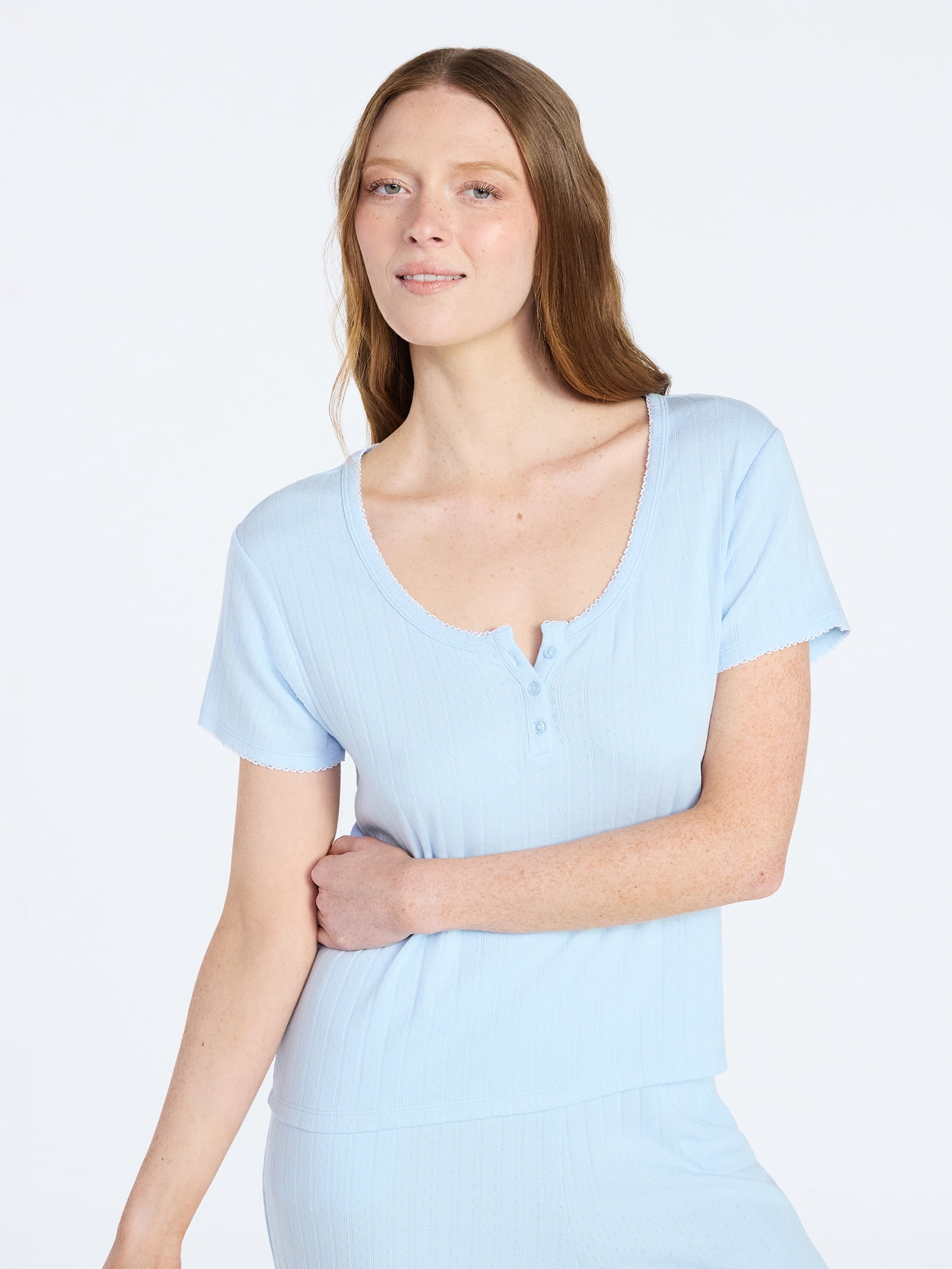 Joyspun Women’s Pointelle Knit Sleepwear Henley Tee with Short Sleeves, Sizes XS-3X