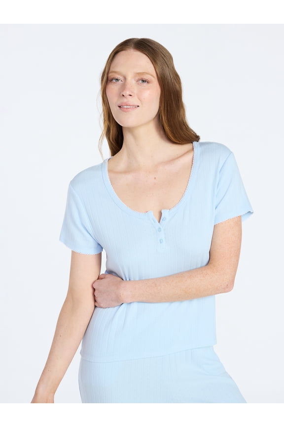 Women’s Pointelle Knit Sleepwear Henley Tee with Short Sleeves, Sizes XS-3X
