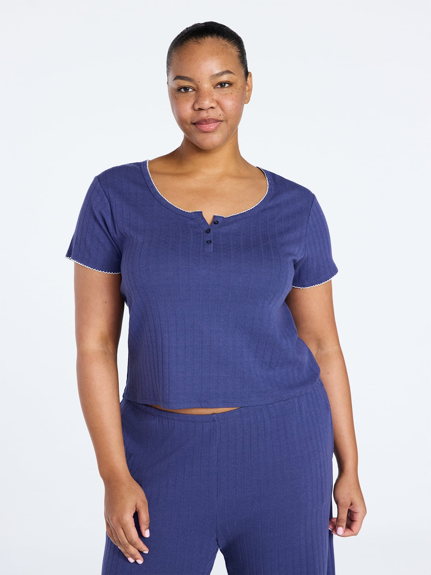 Joyspun Women’s Pointelle Knit Sleepwear Henley Tee with Short Sleeves, Sizes XS-3X