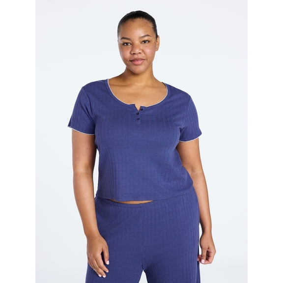 Joyspun Women’s Pointelle Knit Sleepwear Henley Tee with Short Sleeves, Sizes XS-3X