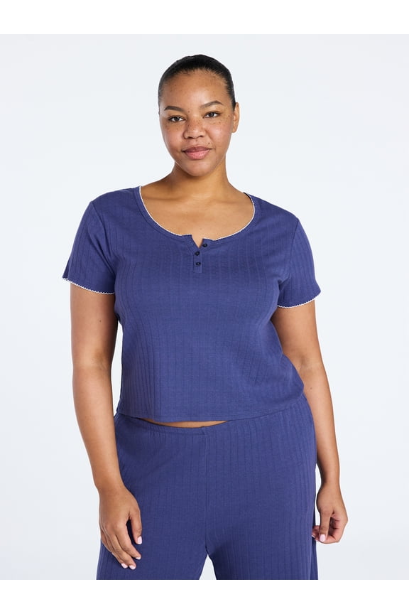 Women’s Pointelle Knit Short Sleeve Sleepwear Henley Tee, Sizes XS-3X