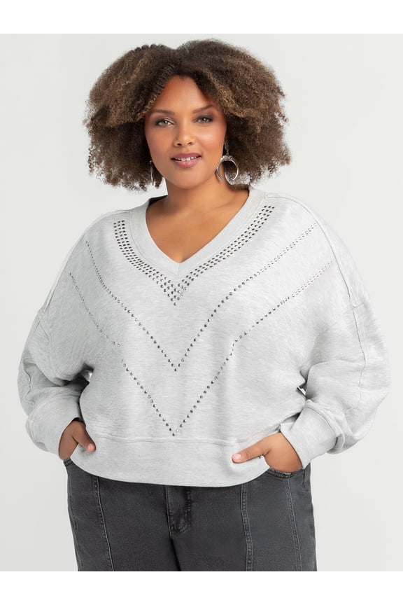 Women's and Women's Plus Rahmona Studded V-Neck Pullover Top, Sizes XS-4X