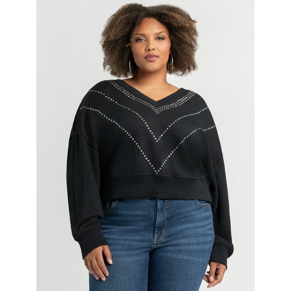 Jessica Simpson Women's and Women's Plus Rahmona Studded V-Neck Pullover Top, Sizes XS-4X