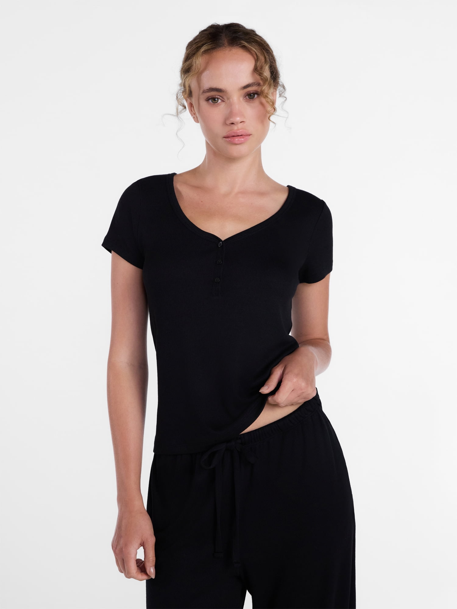 Joyspun Women’s Modal Blend Ribbed Henley Sleep Top, Sizes XS-3X