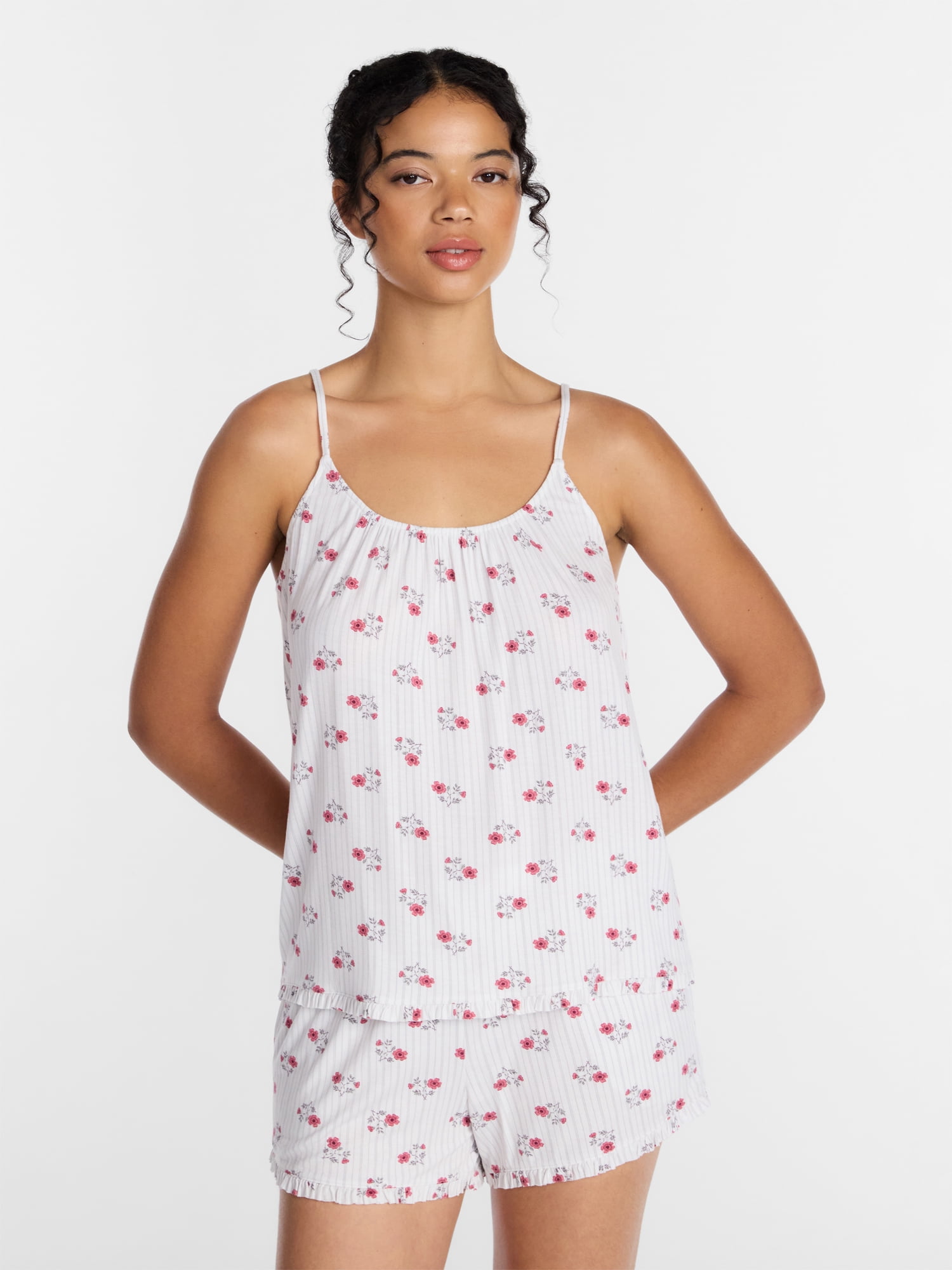 Joyspun Women’s Modal-Blend Ruffle Trim Cami and Shorts Sleepwear Set, 2-Piece, Sizes XS-3X
