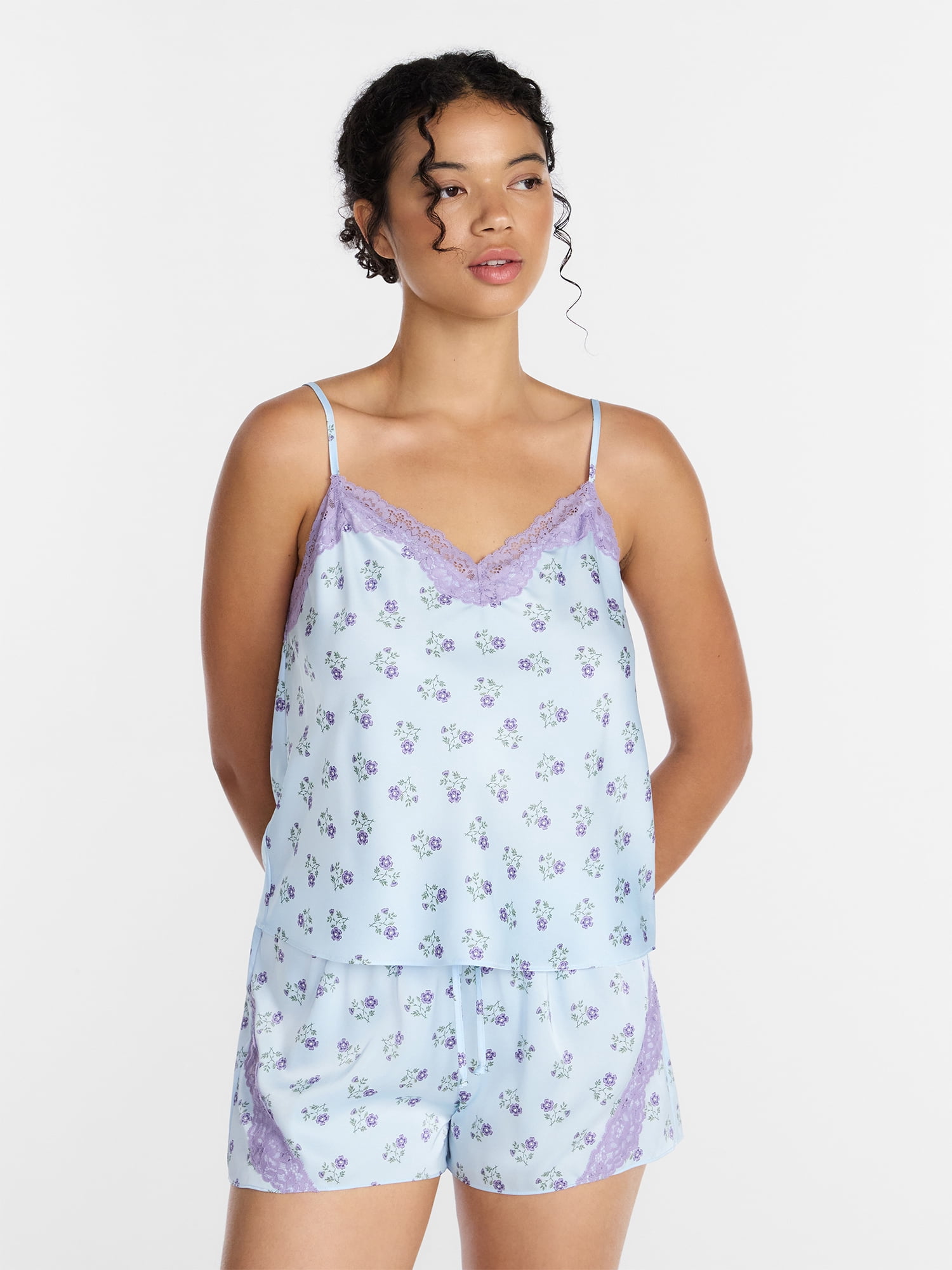 Joyspun Women's Lace Trim Stretch Satin Cami and Shorts Set, 2-Piece, Sizes XS-3X