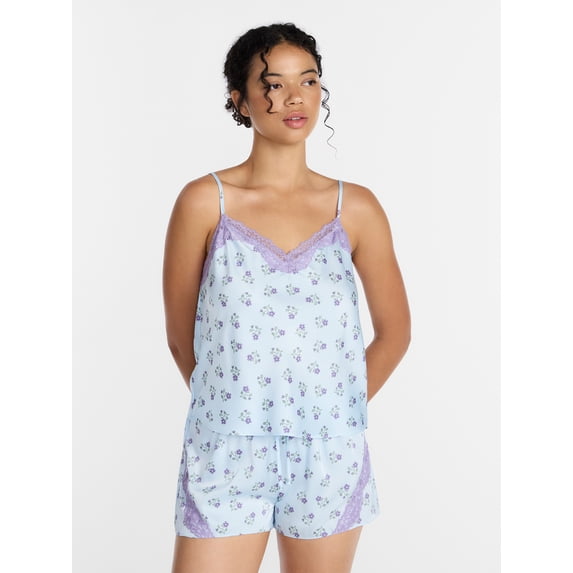 Joyspun Women's Lace Trim Stretch Satin Cami and Shorts Set, 2-Piece, Sizes XS-3X