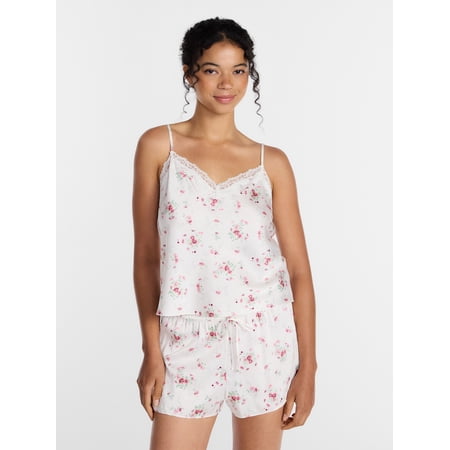 Joyspun Women's Lace Trim Stretch Satin Cami and Shorts Set, 2-Piece, Sizes XS-3X