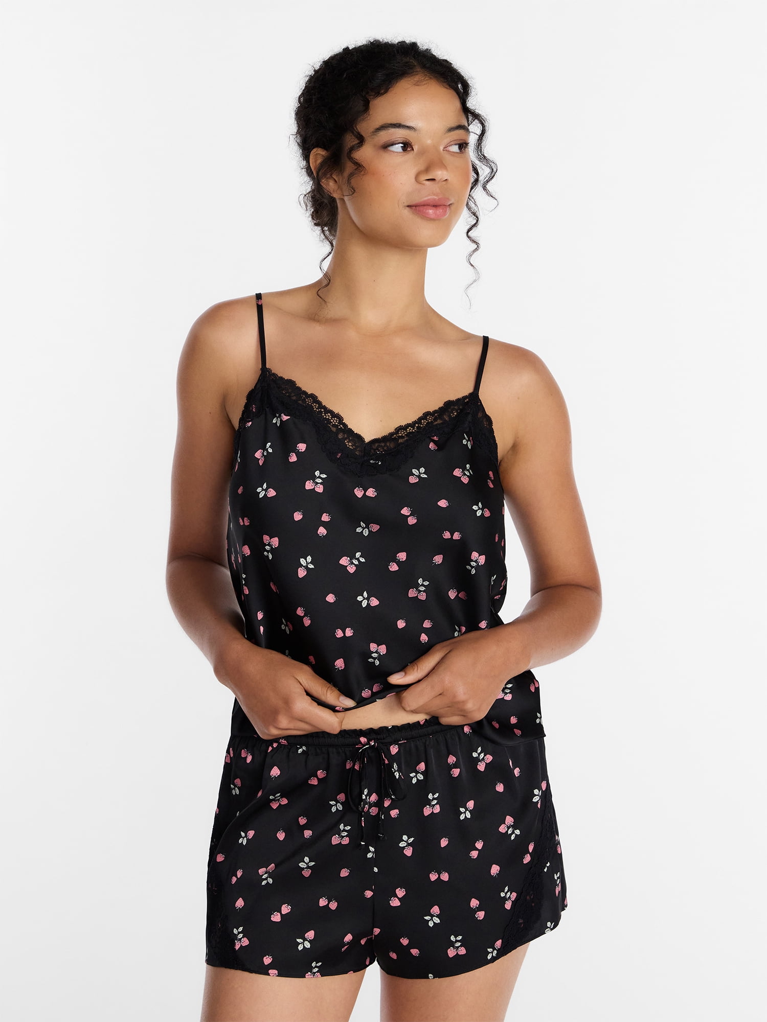 Joyspun Women's Lace Trim Stretch Satin Cami and Shorts Set, 2-Piece, Sizes XS-3X