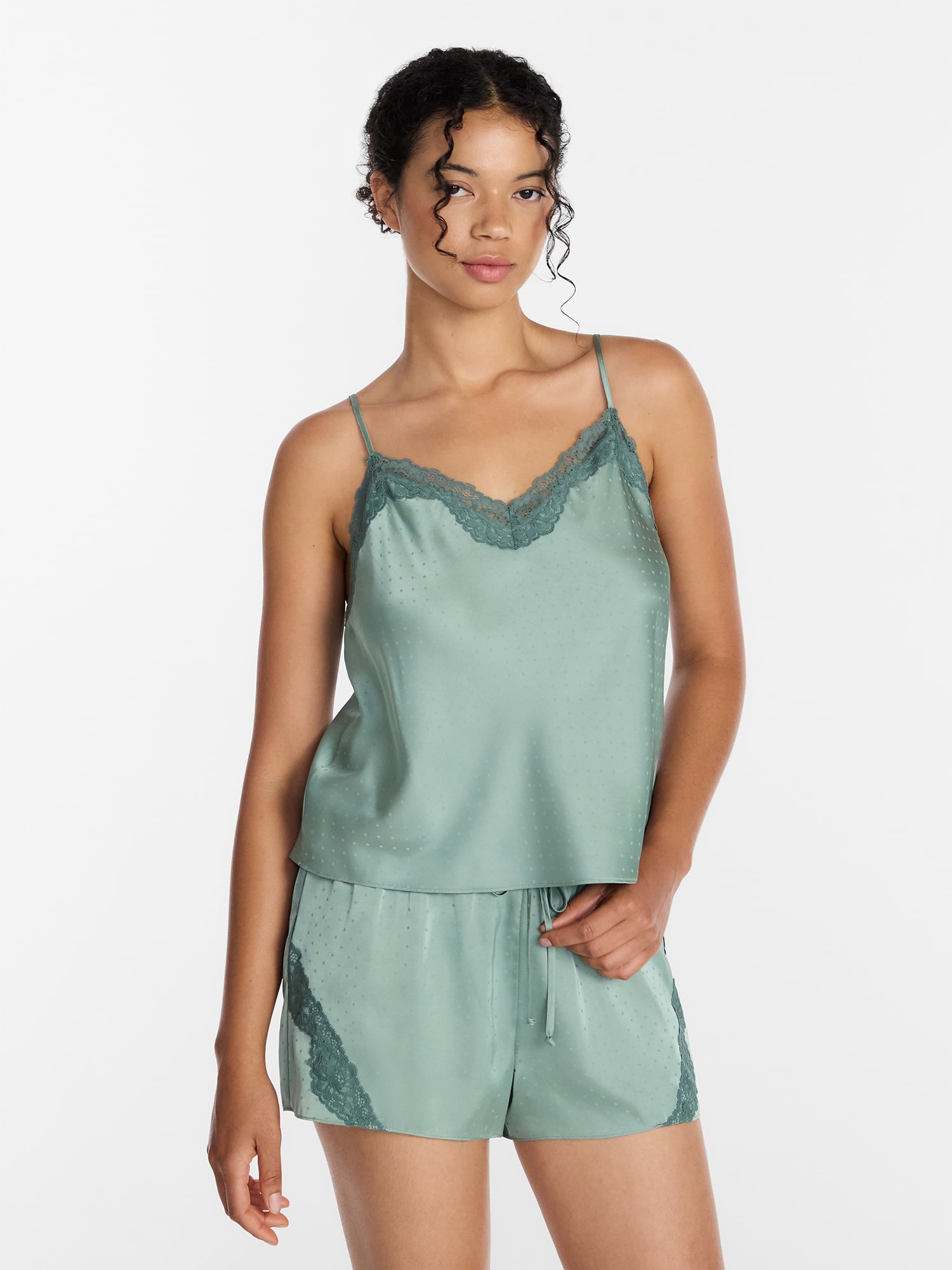 Joyspun Women's Lace Trim Stretch Satin Cami and Shorts Set, 2-Piece, Sizes XS-3X