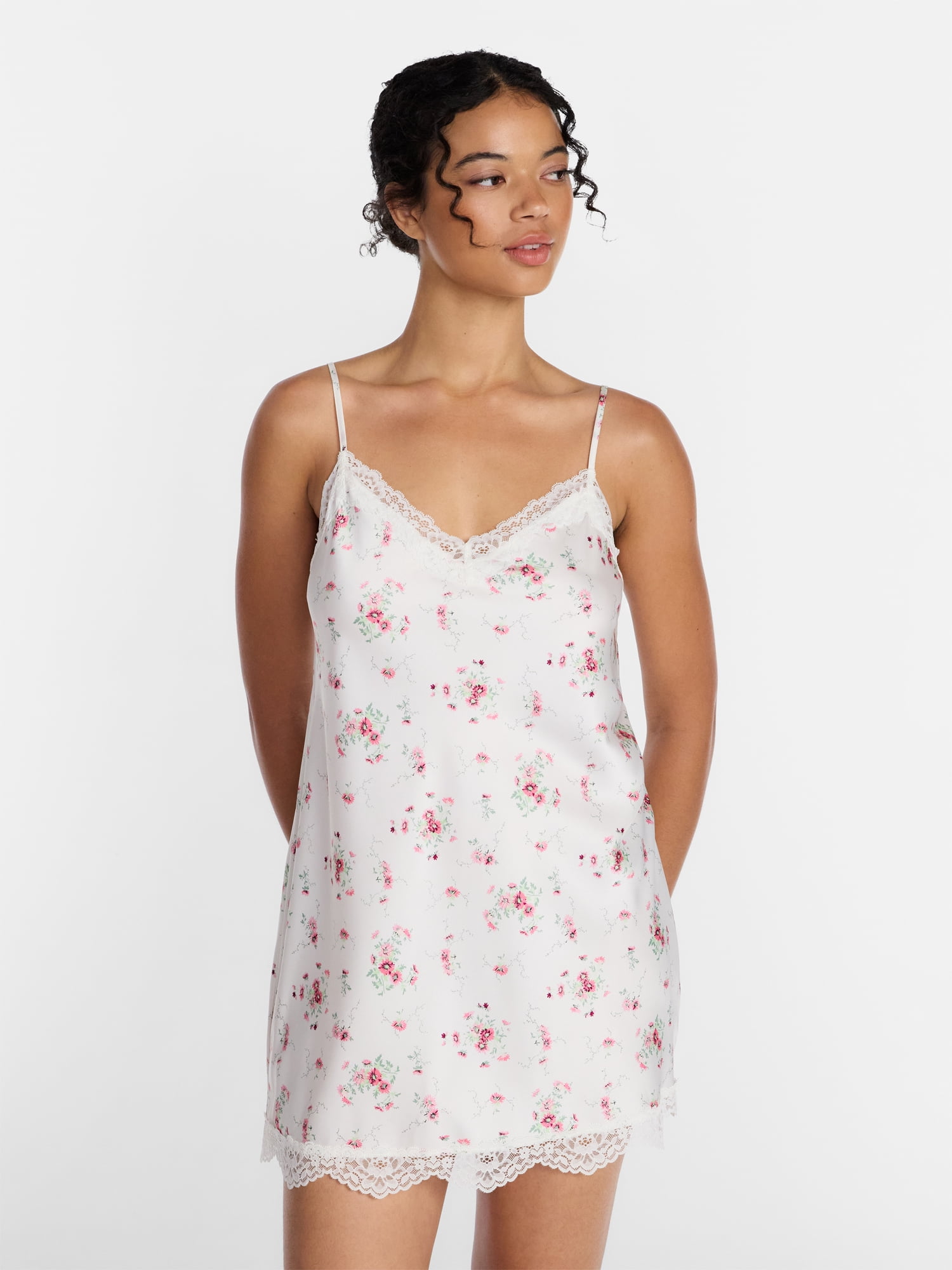 Joyspun Women's Lace Trim Stretch Satin Chemise, Sizes S-3X