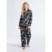 Joyspun Women’s Stretch Satin Notch Long Sleeve Top and Pants Pajama Set, 2-Piece, Sizes XS-3X