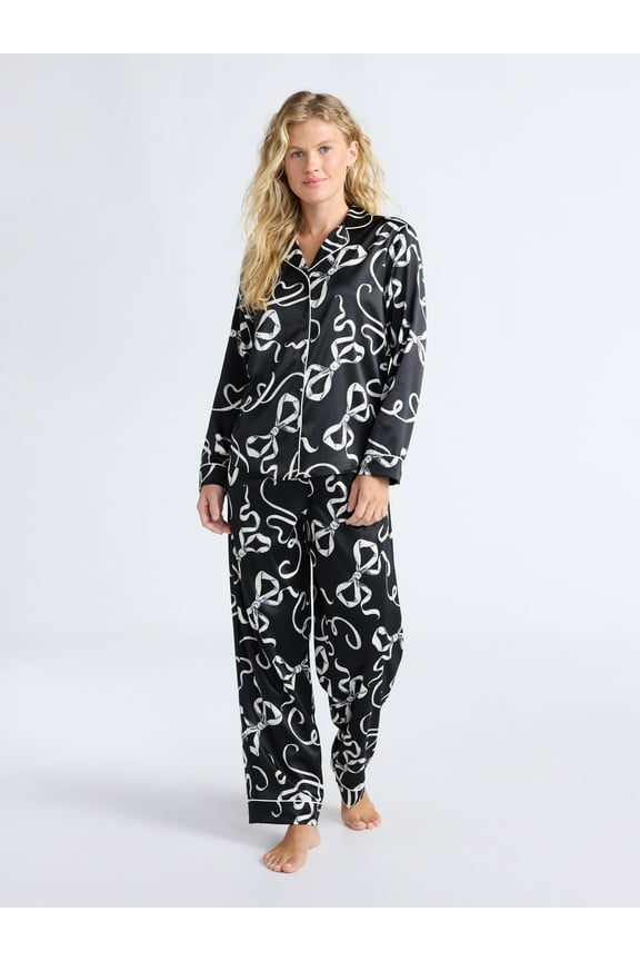 Women’s Stretch Satin Notch Long Sleeve Top and Pants Pajama Set, 2-Piece, Sizes XS-3X