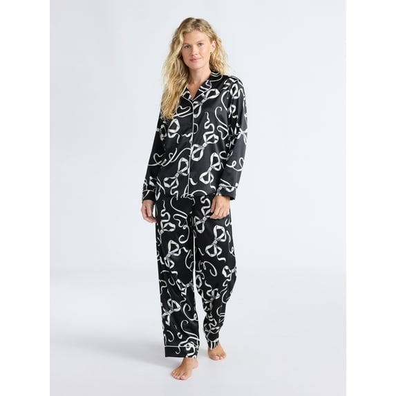 Joyspun Women’s Stretch Satin Notch Long Sleeve Top and Pants Pajama Set, 2-Piece, Sizes XS-3X