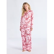 Joyspun Women’s Stretch Satin Notch Long Sleeve Top and Pants Pajama Set, 2-Piece, Sizes XS-3X